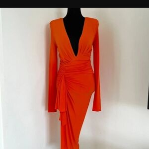 ALEXANDRE VAUTHIER SEXY Plunging Long-Sleeve Ruched Orange Midi Dress